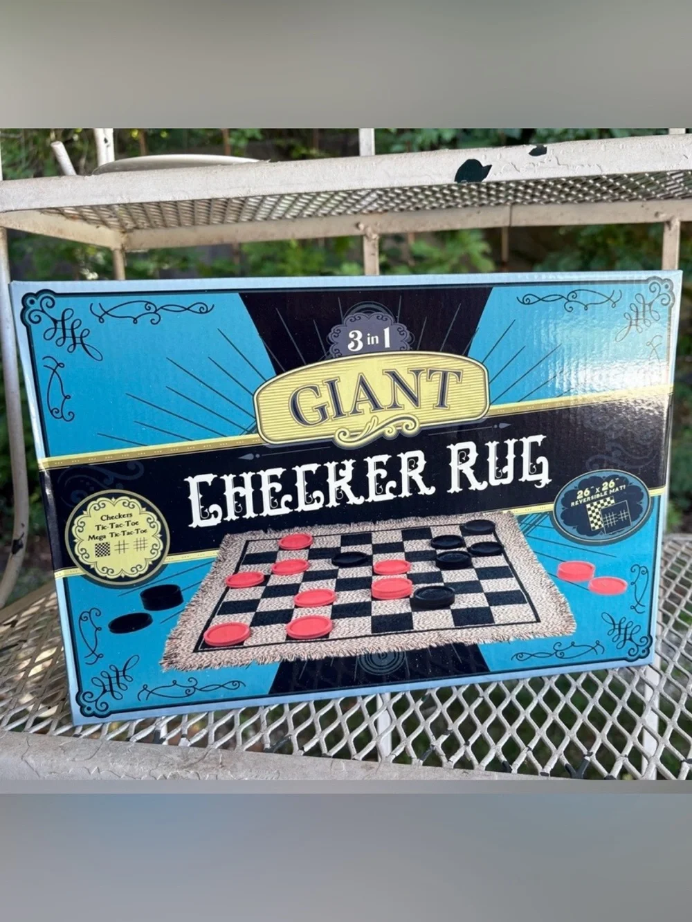 NEW GIANT CHECKERS SET 3-IN-1 TIC TAC TOE GAME 24 CHECKER PIECES REVERSIBLE RUG